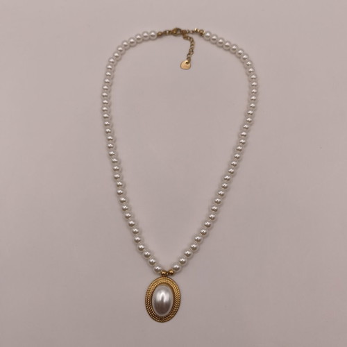 Stainless Steel Necklace with Pearls and Oval Pendant