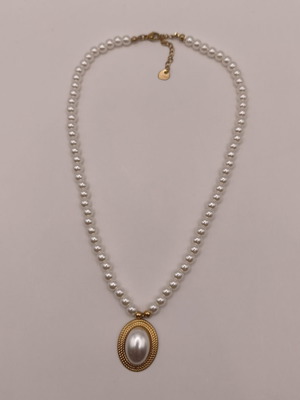 Stainless Steel Necklace with Pearls and Oval Pendant