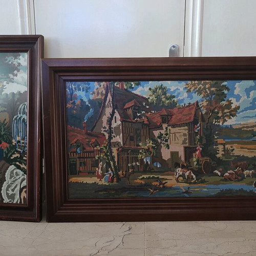 Handmade embroidered paintings with wooden frame used, set of 2 pieces