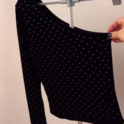 Asymmetric Mango top black like new with rhinestones and 1 long sleeve