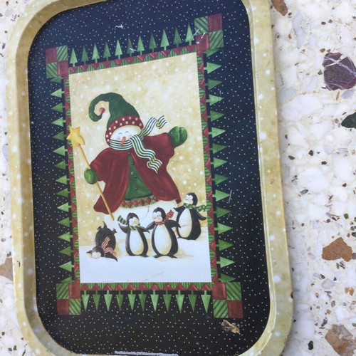 Christmas wooden box and tin tray used