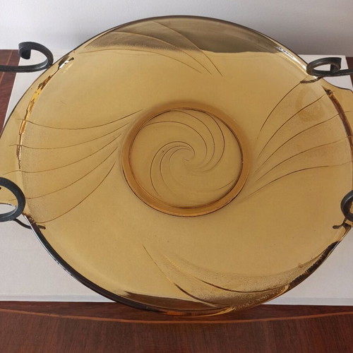 Vintage fruit bowl with a forged iron base & amber glass bowl