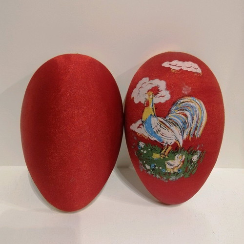 Handmade egg used with painted rooster and chick