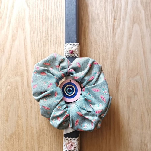 Handmade gray candle with hair scrunchie new, lightly scented