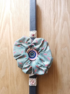 Handmade gray candle with hair scrunchie new, lightly scented