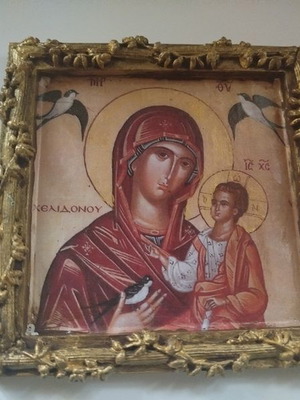 Icon of Virgin Mary with Jesus Christ new, handmade clay 15x15 cm