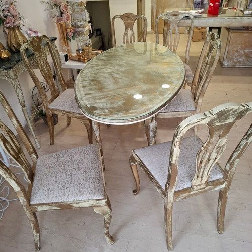 Living room dining table used with 6 antique chairs, solid wood and protective glass