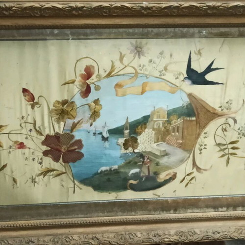 Prewar silk embroidery in frame with wear marks
