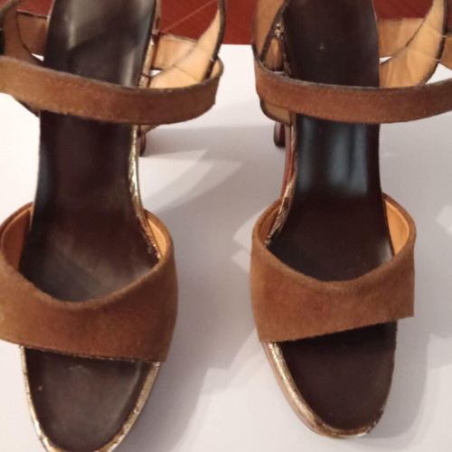 Leather sandals used, size 36, brown and gold with wooden heels