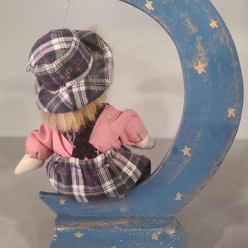 Wooden vintage crescent moon with porcelain doll collectible