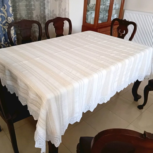 Handwoven Tablecloth with Handmade Lace, New, 2.40×1.90 m, Linen Cotton