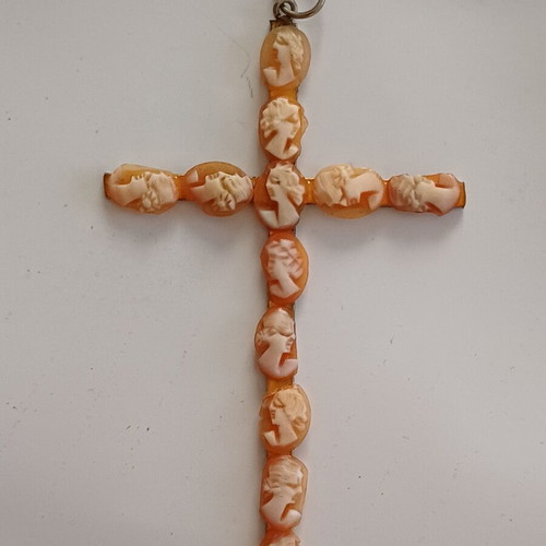 Antique cross pendant with 12 micro-cameos, natural shell & 800 silver
