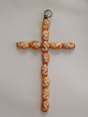 Antique cross pendant with 12 micro-cameos, natural shell & 800 silver