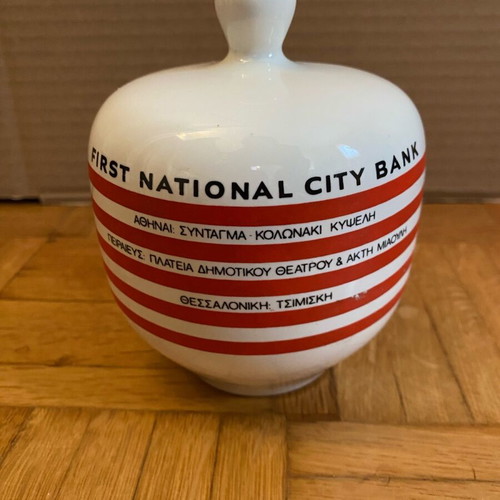 First National City Bank collectible piggy bank used, 1970 period