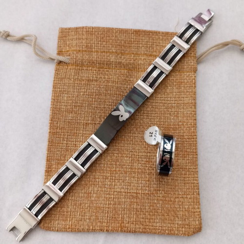 Men's stainless steel bracelet and matching ring with bunny logo
