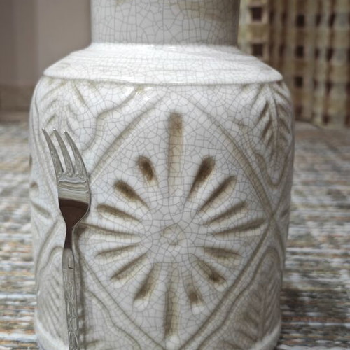 Decorative ceramic vase vintage style new, off-white with embossed patterns