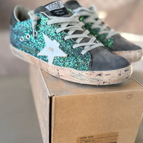 Golden Goose Superstar Emerald Glitter Cork Sole Like New