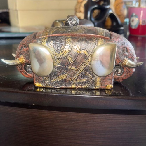 Elephant candle holder and box set used, Indian folk art