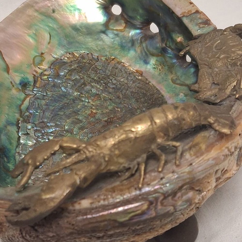 Abalone Shell Bowl with Brass Lobster and Crab, Like New