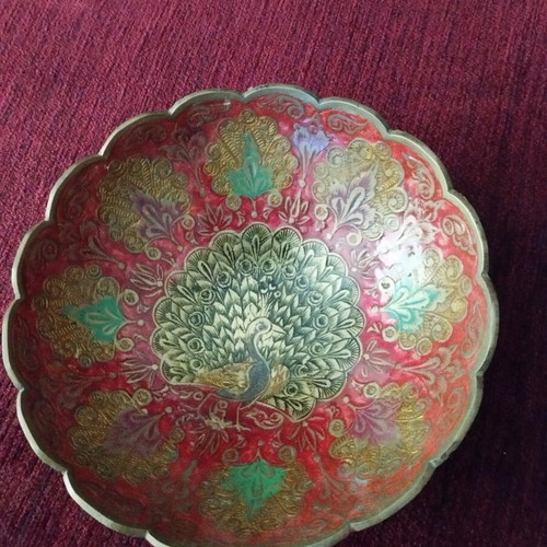Indian brass bowl used with colorful enamel peacock design