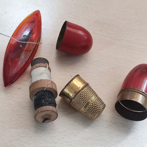 French thimble case with red enamel on bronze, circa 1910, used