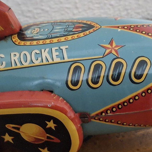 Atomic Rocket Tin Toy 1950s Masudaya Japan used, working mechanical