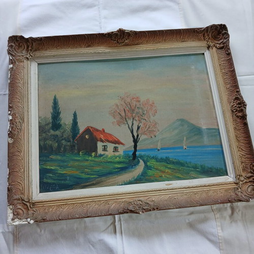 Framed landscape painting 40x50 cm with some wear