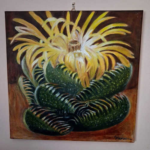 Handmade painting of blooming succulent on dark canvas, new
