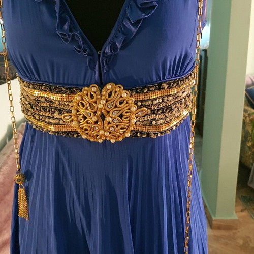 Women's dress like new, electric blue with gold designs and embroidered belt