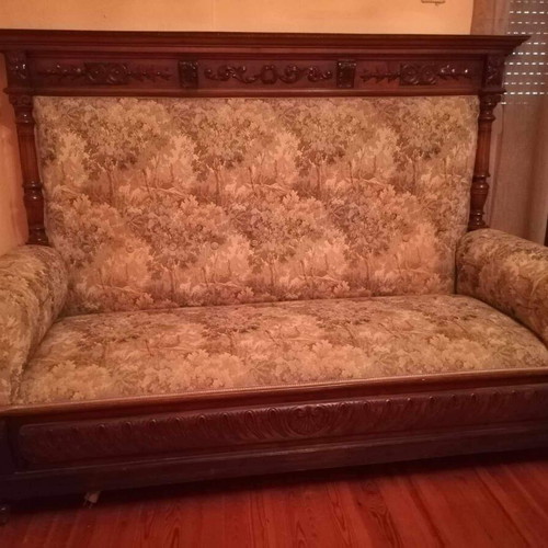 French 1930s sofa used with 2 armchairs, walnut wood