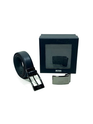 Boss leather belt gift set with 2 interchangeable gunmetal buckles