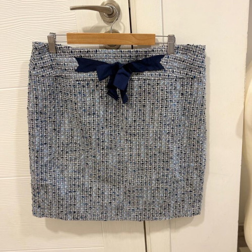 Ann Taylor Loft Tweed Skirt Blue White Lined Bow Rear Split Size 14
