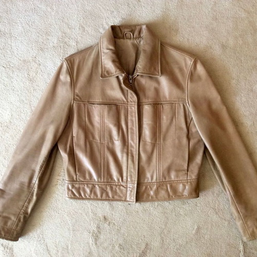 Women's Camel Leather Jacket Cropped used, size S/M, beige