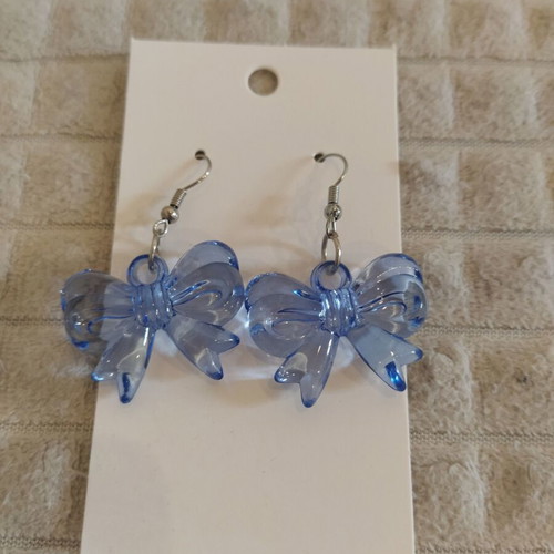 Bow earrings new, blue hanging plastic