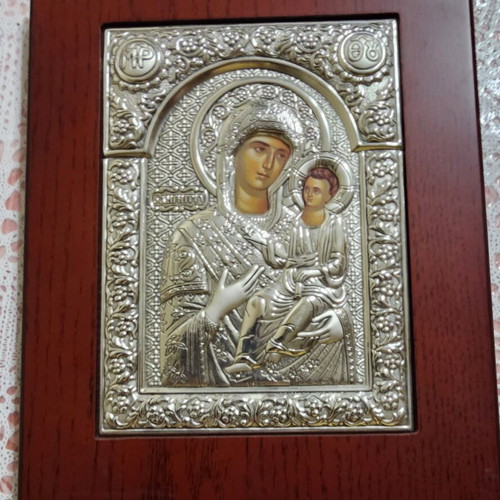 Silver Icon 925 Panagia Odigitria with Wooden Back, New