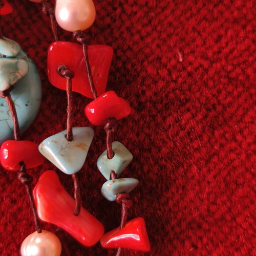 Handmade necklace with turquoise, coral and river pearls like new