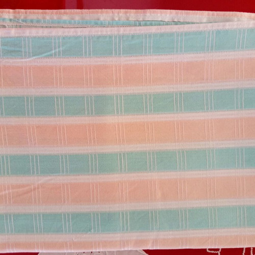 Handmade striped tablecloth used, pastel pink and green, 168x121 cm