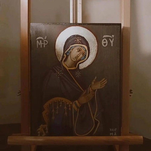 Byzantine icon Panagia Deomeni with egg tempera and gold leaf