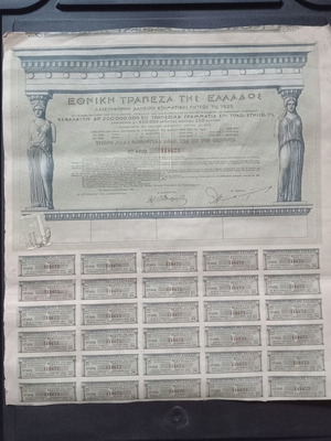 National Bank of Greece 1925 stock certificate, 250 drachmas