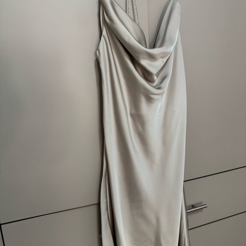 BSB Satin Dress like new with draped bust and rhinestone straps, size L