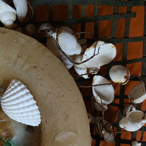 Decorative metal tray like new with shells and candle 38.5x37 cm