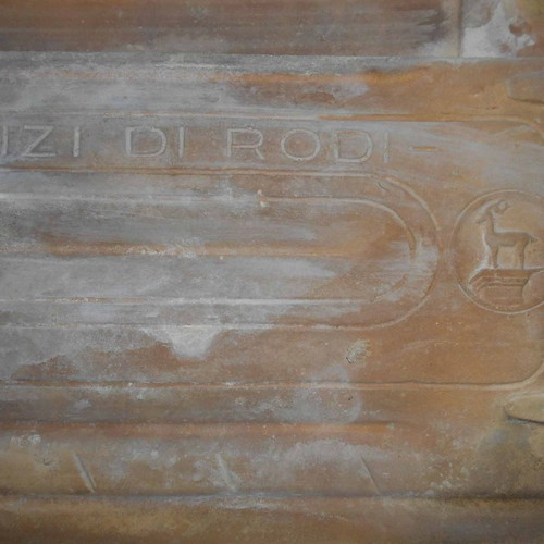 Ceramic roof tile used with ''Laterizi di Rodi'' mark and deer