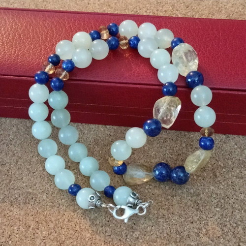 Necklace with moonstone, lapis, citrine semi-precious stones and 925 silver like new, 50cm