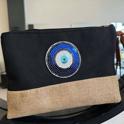 Black clutch bag with blue eye and leather strap new