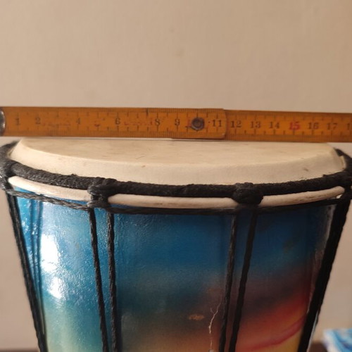 Wooden handmade djembe used, hand-painted tropical design 30x28 cm