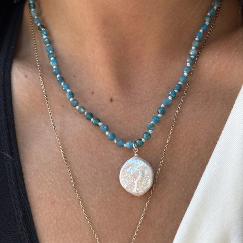 Apatite Necklace with Baroque Pearl and Silver 925 Like New