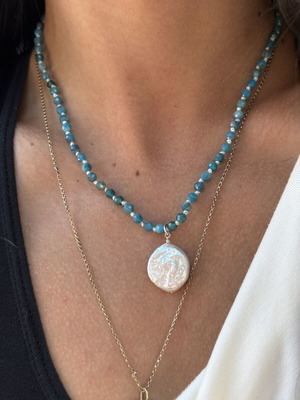 Apatite Necklace with Baroque Pearl and Silver 925 Like New