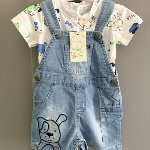 Salopette and blouse set with dog print, new, size 12M