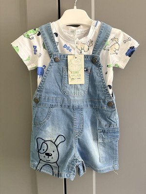 Salopette and blouse set with dog print, new, size 12M