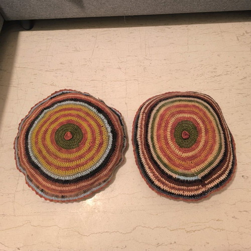 Set of 2 handmade knitted pillows used, traditional with wear